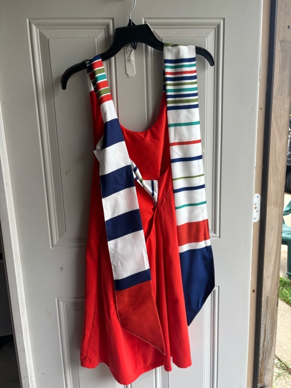 Lulu's Vibrant Orange Backless Shift Dress with Striped Bow - Picture 3 of 10